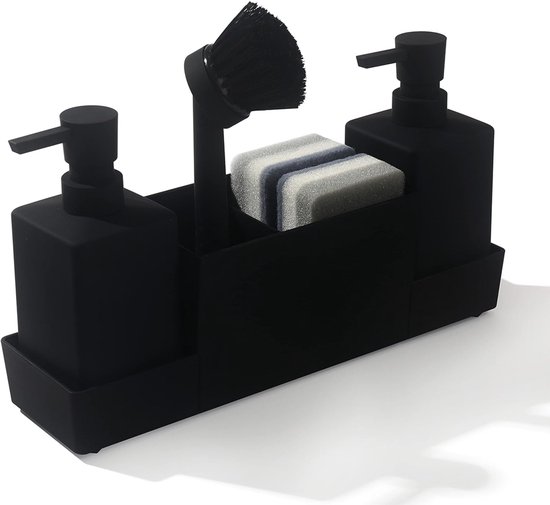 Seifenspender Set Mit Schwammhalter Für Handseife Und Spülmittel Mit Bürste Schwarz Praktischer Spülbecken Organizer