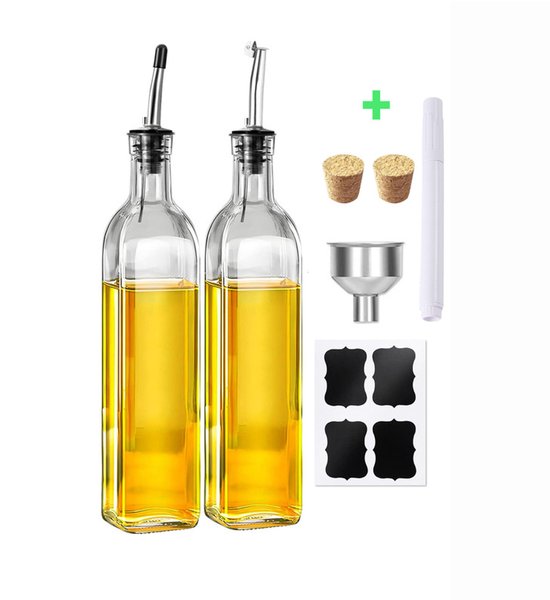 Olivenölspender 2 Teiliges Set Aus Glasspender Für Olivenöl Und Essig Mit 2 Edelstahlausläufen, 4 Etiketten Und 1 Trichter (500 Ml)