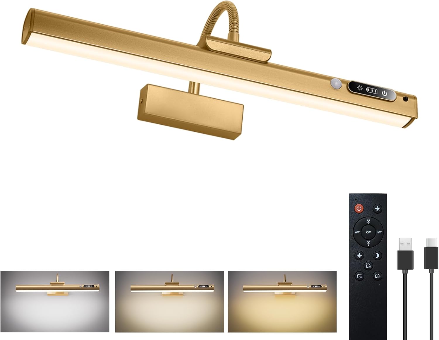 15,7 Zoll (ca. 40 Cm) Große Bilderleuchte Mit Bewegungsmelder Für Die Wand – 9000 Mah Akku – Wiederaufladbar – Für Gemälde Und Porträts – Gold