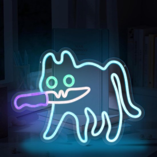 Neon Leuchtschild „katze Und Messer“, Blaue Led Neonlampe Mit Haken Und Kette, Für Schlafzimmer, Zoo, Katzencafé, Haus, Laden, Männerhöhle, Hausb