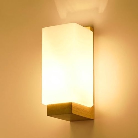 Wandleuchte Mit E27 Fassung Moderne Holzwandleuchte Mit Weißem Glasschirm Für Den Innenbereich Für Wohnzimmer, Schlafzimmer, Flur
