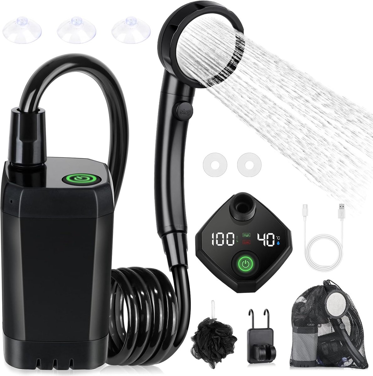 Tragbare Campingdusche – Robust Und Langlebig – Wiederaufladbarer 6000-mah-akku – Mit Intelligentem Led-display – 4 Wasserstrahlmodi – Wasserdichte Ipx7-duschpumpe – Campingdusche – Gartendusche – Tra