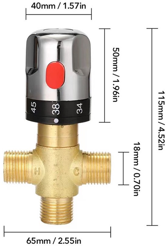 Rewytaz Thermostatmischventil Wassertemperaturregler Aus Massivem Messing G1/2 Dreiwege Thermostatmischventil Für Badezimmer/wc