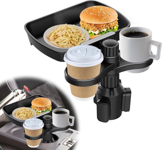 3 In 1 Auto Getränkehalter Mit Handyhalterung Und Abnehmbarer Ablage 360° Verstellbarer Autotisch Für Getränkehalter