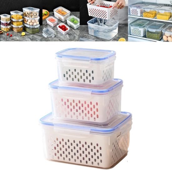 4 In 1 Aufbewahrungsbehälter Für Den Kühlschrank Obst Und Gemüsebehälter Mit Deckel Inklusive Abtropfkorb Und Sieb Küchenorganizer 3 Teiliges Set