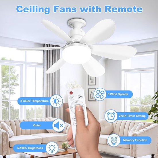 Deckenventilator Mit Led Beleuchtung E27 Fassung 3 Geschwindigkeitsstufen Dimmbar (3000k 6500k) Mit Fernbedienung Und Timer Leise
