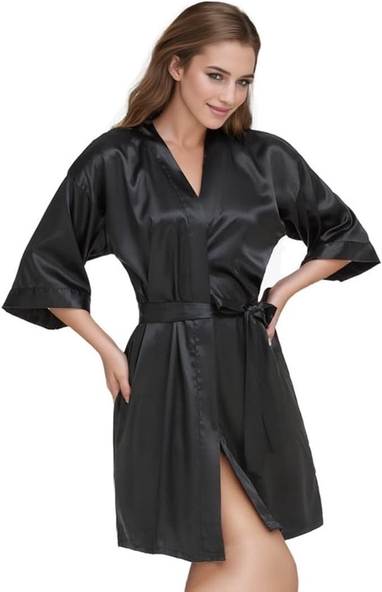 Damen Kimono Bademantel Aus Satin, Kurzer Morgenmantel Mit V Ausschnitt Und 3/4 Ärmeln
