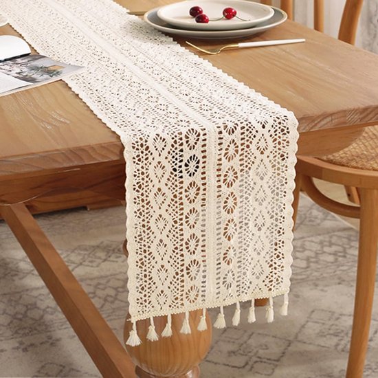 Tischläufer 120 Cm Gehäkelte Baumwolltischdecke Spitzentischdecke Spitzenausschnitt Quastenrand Für Küche, Couchtisch, Landhausstil, Wohnzimmer,