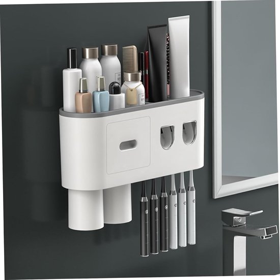Wandmontierter Zahnbürstenhalter, Automatischer Zahnpastaspender Mit 2 Magnetischen Bechern, 6 Bürstenfächern, Aufbewahrungsbehälter Und Schublad