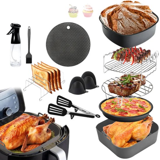 Zubehörset Für Heißluftfritteusen, 12 Teilig, Inklusive Silikoneinsatz, Rost Und Silikonhandschuhen. Heißluftfritteusen Mit 20 Cm Durchmesser, Au