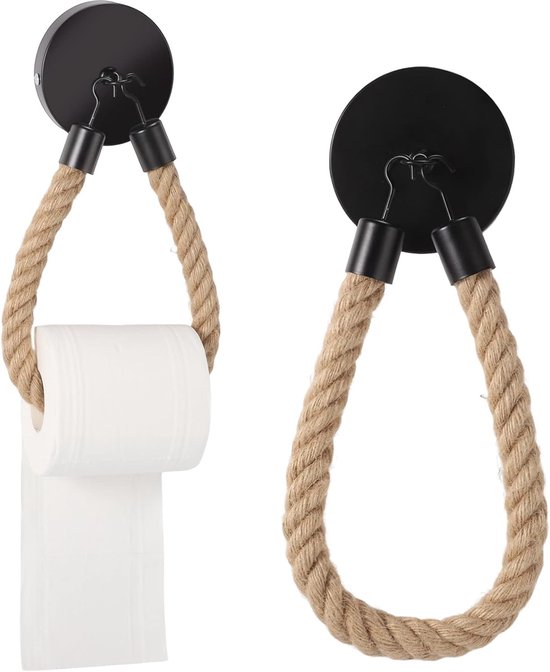 Toilettenpapierhalter Aus Holz Und Metall Vintage Design 1 Stück Wandhalterung Mit Hanfseil (schwarz)