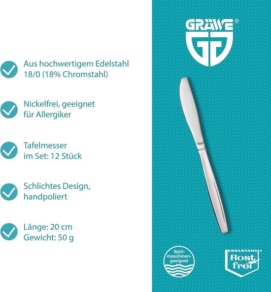 12 Teiliges Tafelmesserset, Gezahnt, Edelstahl Spülmaschinenfest