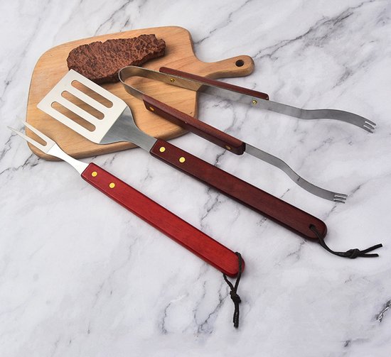 3 Teiliges Grillset Aus Edelstahl Mit Griffen Aus Massivholz