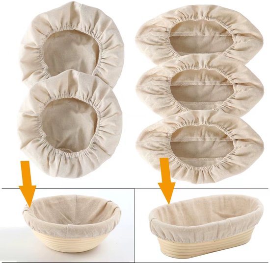 Leinenbezug Set Für Gärkörbe, 5 Teilig (2 Runde + 3 Ovale) Zum Brotbacken