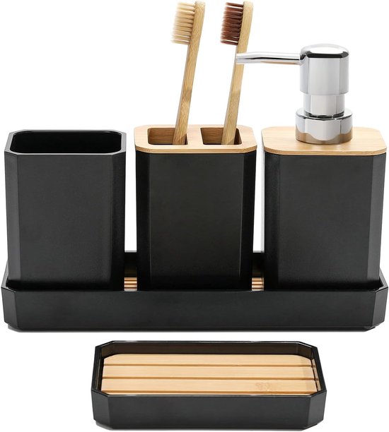 Badezimmeraccessoires (5 Teiliges Set) Seifenspender Und Zahnbürstenhalter Moderner Boho Stil Schwarz