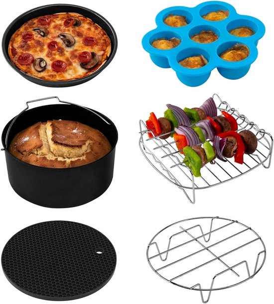 Zubehörset Für Heißluftfritteusen Aller Marken 6 Teilig, Inklusive Kuchenform, Pizzablech, Metallhalter, Multifunktionsrost Mit Spießen, Silikonm