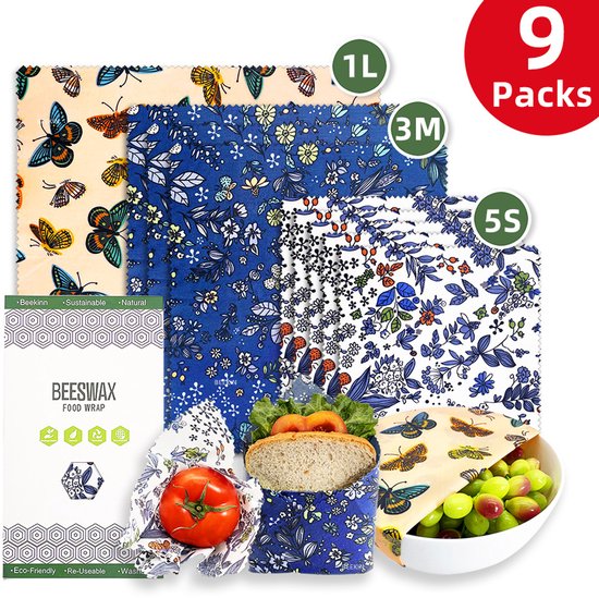 Set Mit 9 Bienenwachstüchern In Drei Größen S/m/l Mit Schmetterlings Und Blumenmuster, Wiederverwendbare, Plastikfreie Verpackung Arten Von Leben