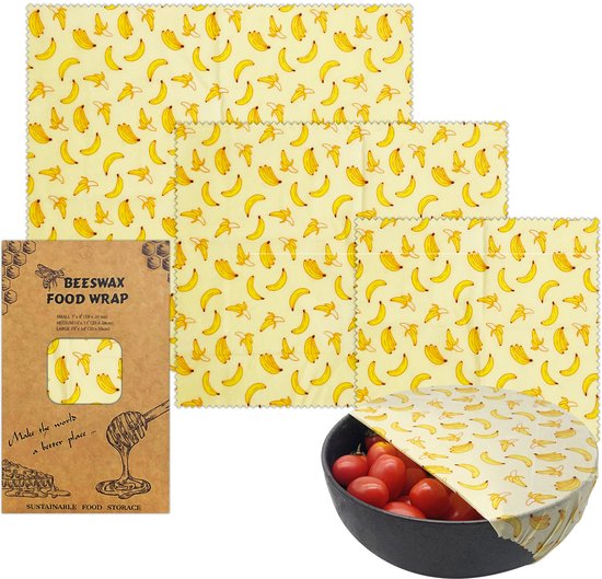 Set Mit 3 Bienenwachstüchern Mit Bananenmuster In Drei Verschiedenen Größen, Wiederverwendbare, Plastikfreie Verpackung Für Obst, Brot Und Küchen