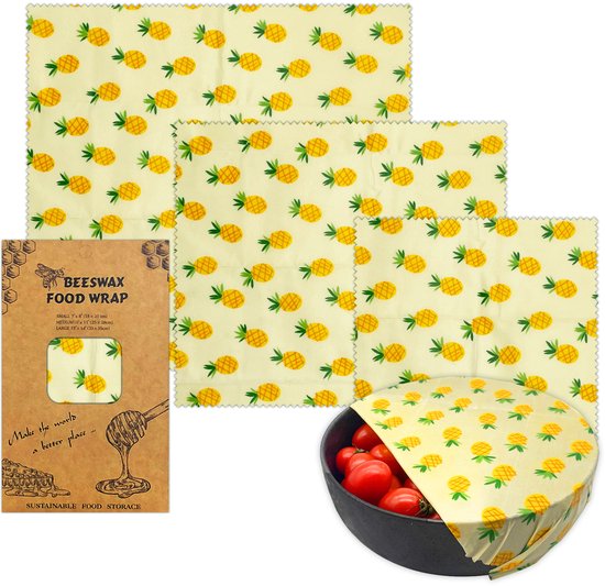 Set Mit 3 Bienenwachstüchern Mit Ananas Print In Drei Größen: Klein, Mittel Und Groß Wiederverwendbare, Plastikfreie Verpackung Für Obst, Brot U