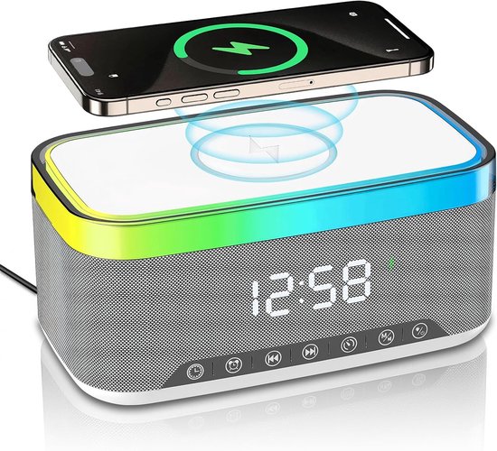 Bluetooth Lautsprecher Mit Kabelloser Ladefunktion Und Digitaluhr, Led Anzeige, 15 W Qi Ladefunktion, 2 X 10 W Lautsprecher, 6 Umgebungsleuchten,