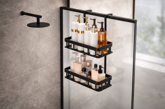 Schwarze, Doppelwandige Hänge Duschablage Duschkorb Für Tür Oder Duschwand Badezimmer Organizer Ohne Bohren