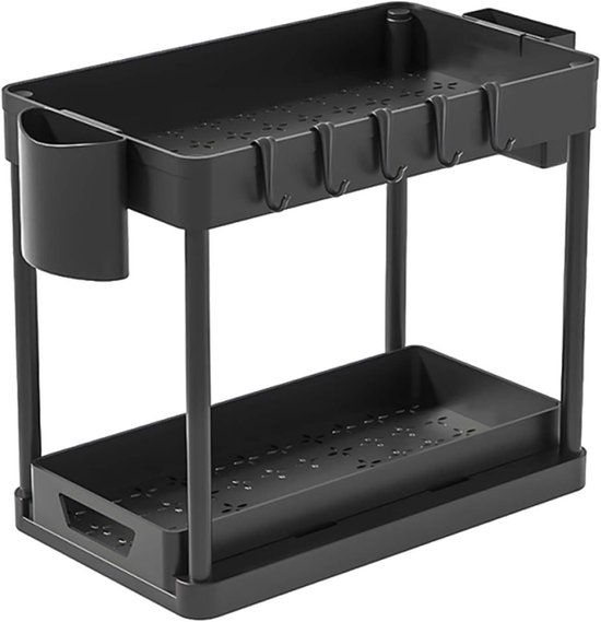 Ablage Unterbauregal 2 Ebenen Mit Schubladen Und Haken Küchenregal 39,5 × 21,5 × 26 Cm Ausziehbar Aufbewahrungsregal Für Badezimmer, Arbeitsplatt