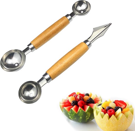 Wassermelonenlöffel, Edelstahl Wassermelonenlöffel Mit Doppelkopf Und Holzgriff, Obstschneider