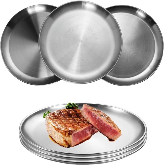 Edelstahlteller 6 Teiliges Set Ø 30 Cm, Rund, Für Essen Und Trinken, Inklusive Kuchenform Zum Grillen, Campen, Picknicken, Wandern Und Für Partys