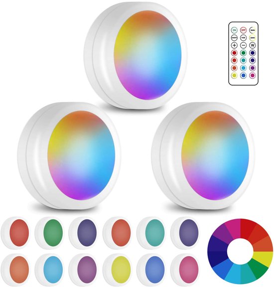 Runde Led Leuchten (mit Drahtloser Fernbedienung) Dimmbare Und Farblich Einstellbare Rgb Schrankbeleuchtung (13 Farben) 3er Pack (batterien Nicht