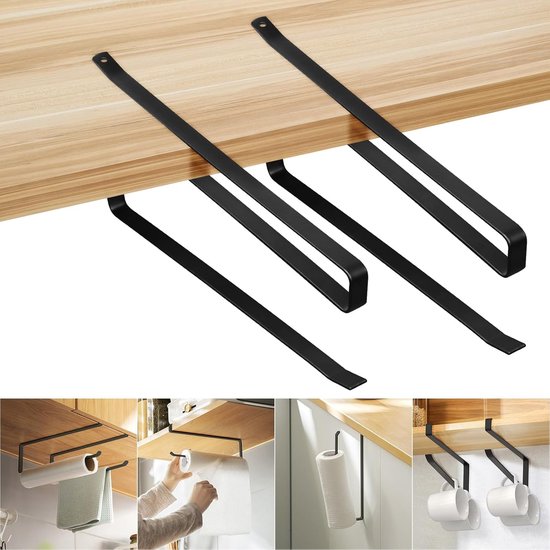 Küchenrollenhalter Ohne Bohren Platzsparendes Wandmodell Z Förmig, Metall, Schwarz 2er Set Für Küchen Und Badezimmerschranktüren Wandmontierter P