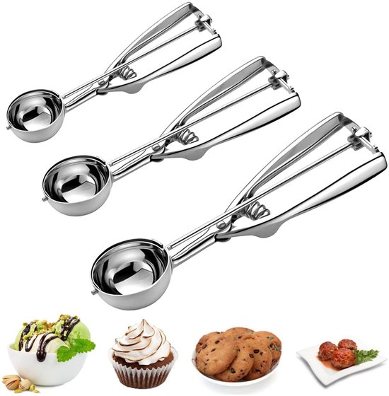 Eisportionierer Set (3 Teilig) Edelstahl Mit Auslösemechanismus Ergonomischer Griff Für Teig Und Eiscreme Drei Größen Für Optimale Portionierung