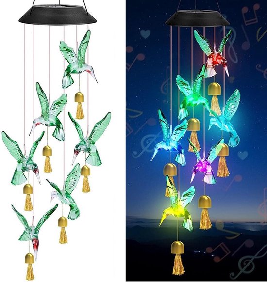 Solar Windspiel Mit Metallglocke Led Kolibri Licht Mit 6 Farbwechselnden Leds Hängende Solar Gartenleuchte Für Garten, Weg Und Terrasse Mehrfarbi