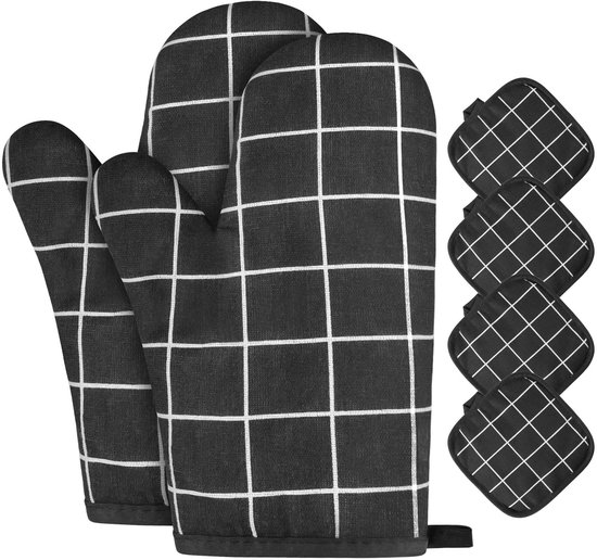 Dailygoody Ofenhandschuhe Topflappen Hitzebeständig Und Komfortabel Schwarz Kochhandschuhe Zum Kochen, Backen Und Grillen 6 Teiliges Set
