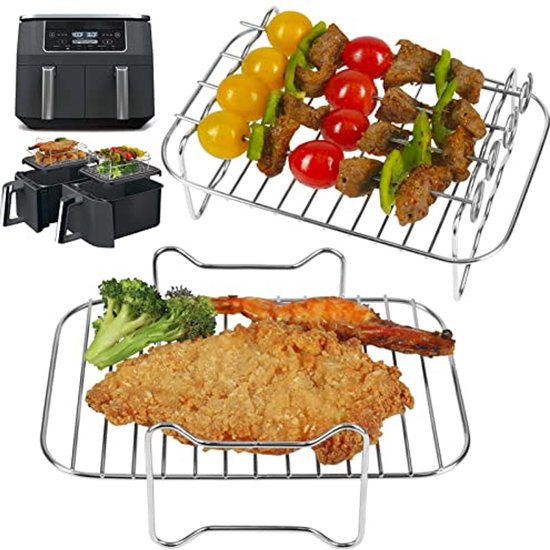 Friteusenroste Für Zweizonen Heißluftfritteusen 2 Teiliger Dörrrost Mit 4 Spießen, Edelstahlzubehör Zum Grillen Und Backen