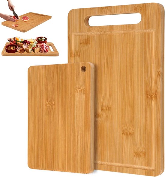 Quickshopping 2 Bambus Schneidebretter (33 X 22 X 1,2 Cm Und 22 X 15 X 1 Cm) Doppelseitiges Küchenbrett Aus Holz Mit Saftrille Zum Schneiden Und