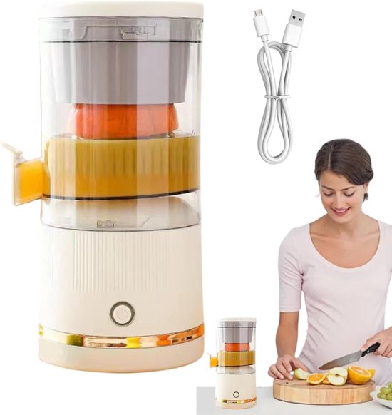 Kabelloser, Tragbarer Zitrusentsafter In Creme Mit Schneckenpresse, Klingenlosem System Und Abnehmbaren Teilen Für Frische Zitrussäfte