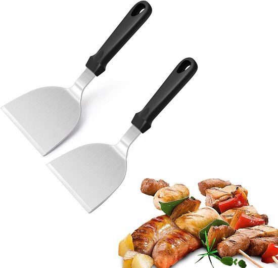 2 Teiliger Metallspatel Pfannenwender Aus Edelstahl 25 X 12 Cm Kunststoffgriff Für Flache Teppanyaki Pfannen Auch Für Feuerstellen Zum Grillen, C