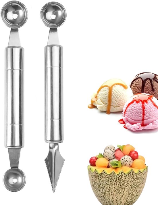 2er Pack Wassermelonenausstecher, Eiskugelportionierer, Wassermelonenkugelausstecher Mit Doppelfunktion, Obstschneider, Multifunktionale Küchenut