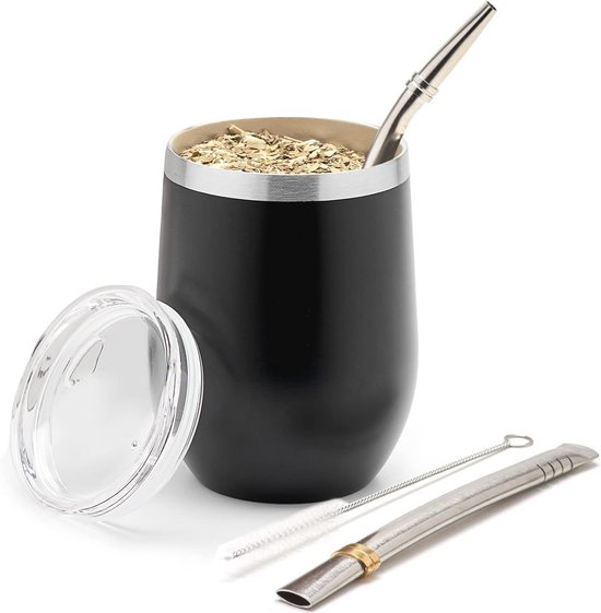 Modernes 350 Ml Yerba Mate Kalebasse Set Doppelwandiger Edelstahl Inklusive Zwei Bombillas Und Reinigungsbürste