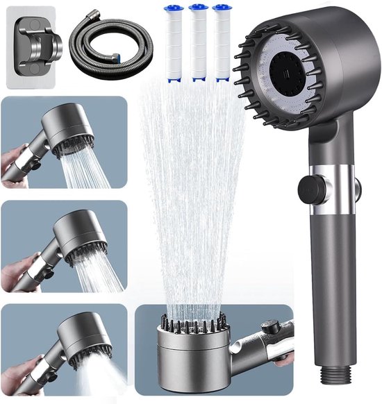 Hochdruck Duschkopf Mit Wassersparfilter, 3 Strahlarten, Stopptaste, Inklusive 1,5 Meter Schlauch Und Halterung, Schwarz.