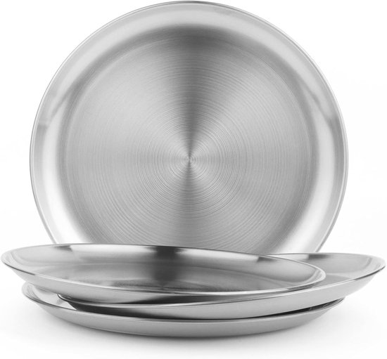 4 Teiliges Set 23 Cm Edelstahl Speiseteller 304 18/8, Rund, Spülmaschinenfest, Umweltfreundlich