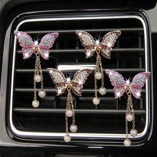 4 Glitzernde Schmetterlings Lufterfrischerclips Für Die Lüftungsschlitze Im Auto, Mit Diamant Und Perlenanhänger, Niedliche Autodekoration, Autoi