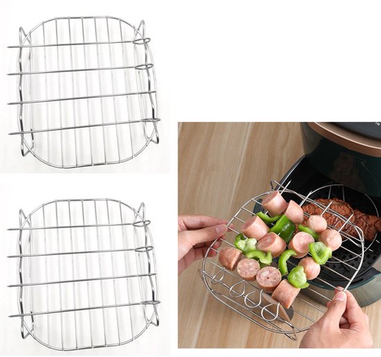 2 Teiliger Airfryer Grillrost Doppellagiger Grillrost Runder Grillrost Toaster 19 X 19 X 7 Cm 4 Spieße Edelstahl Zum Backen, Kühlen Und Grillen S