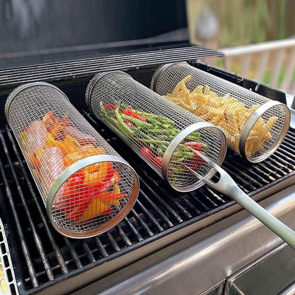Großer Rollbarer Grillkorb Aus Edelstahl, Grillrostkorb, Antihaftbeschichtet, Für Fisch Und Gemüse, Grillzubehör Für Grillabende Im Freien, Picknick, Lagerfeuer, Camping, 2 Stück (20 Cm)