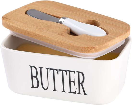 Keramik Butterdose Mit Holzdeckel, Großer Butterdosenhalter Mit Edelstahlmesser, Bambusdeckel Und Silikondichtungsring Für Die Westküste, Weiß