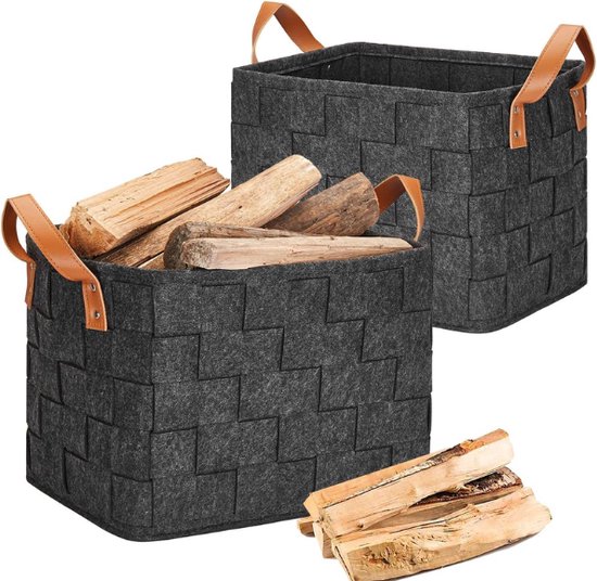 Set Aus 2 Großen, Faltbaren Holzkörben Für Brennholz, Geflochten Mit Ledergriff, Für Brennholz, Holz Und Zeitungen, 40 X 30 X 30 Cm, Dunkelgrau