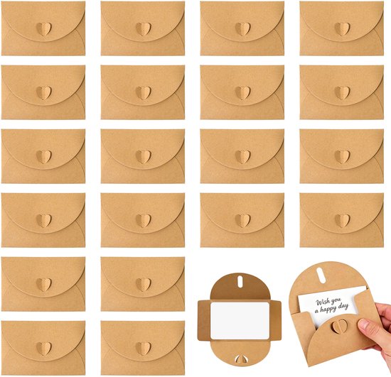 20 Mini Umschläge Mit Karten Kraftpapierumschläge Im Vintage Stil Blankokarten Herzförmiger Verschluss Grußkarten Für Geburtstage Und Hochzeiten