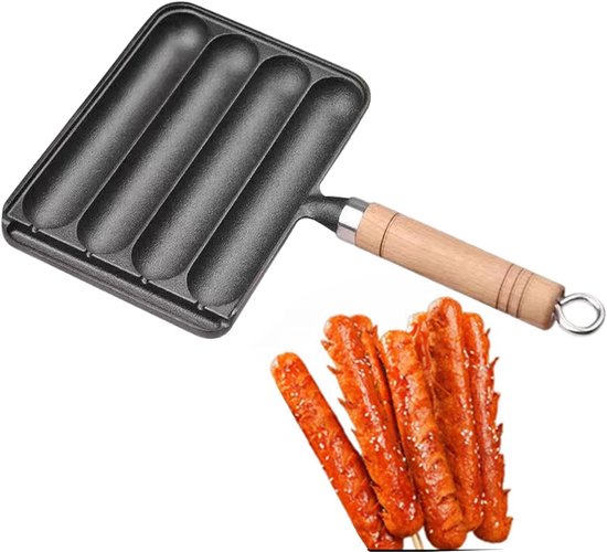 Grillpfanne Aus Gusseisen Antihaftbeschichtung Mit Hitzebeständigem Holzgriff Grillpfanne Für Hotdogs Für Grill, Backofen Und Küche Langlebig Und