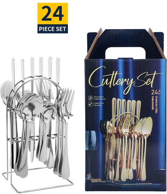 24 Teiliges Edelstahl Besteckset (messer, Gabel, Löffel, Inkl. Besteckablage) / 6 Personen Besteckset / Weihnachtsgeschenk
