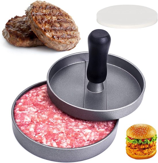 Form Für Zerkleinerte Steakburger + 100 Blatt Antihaftpapier, 11,6 Cm Durchmesser, Aluminium, Zum Auspressen Und Füllen Von Hamburgern.
